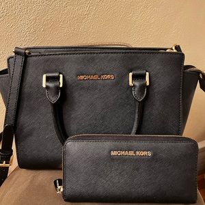 Authentic Michael Kors black leather purse and matching wallet - used like new